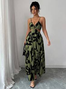Elenzga 女装夏季新款吊带收腰花卉印花连衣裙（不对称花卉图案） - 軍綠色 - 查看 3