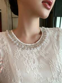 DAZY Elegant Lace Round Neck Puff Sleeve Midi Dress For Women - White - View 6