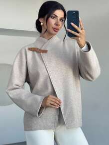 Firerie 女士休闲时尚新款简约通勤百搭日常搭扣蝙蝠袖卡其色夹克，秋冬款 - 卡其色 - 查看 3