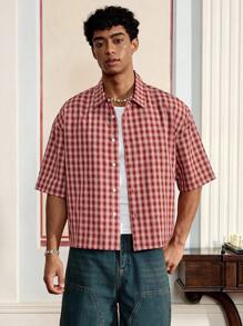 Manfinity VCAY Camisa casual de manga corta con botón único, estampado de letras y cuadros para hombres - Rojo - Ver 5
