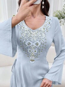 Al Najma Women's Elegant Embroidered & Beaded Arabic Style Long Dress,Modest