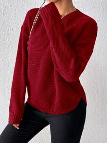 EMERY ROSE 女士纯色圆领落肩长袖休闲宽松套头衫针织套头衫秋冬