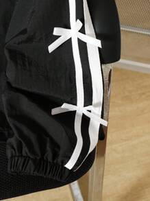 Tween Girl Bow Decor Long Sleeve Zip Front Casual Jacket Fall Winter - Black - View 3