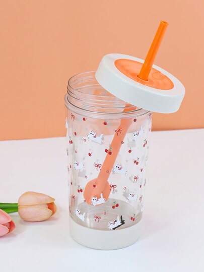 Kawaii 1 pieza Taza de paja con tapa, taza reutilizable para beber café con hielo, taza de vagón, regalo para adultos y niños, taza de frutas con diseño de cereza y lindo, taza de paja con diseño de gatito, decoración