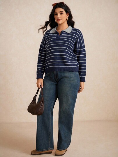 Elaquor Plus Size Women's Drop Shoulder Long Sleeve Striped Blue Polo Sweater In Fall/Winter