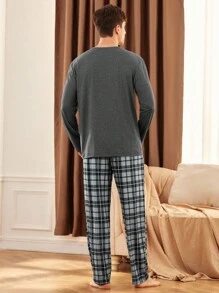 SHEIN Men's Patchwork Pocket Long Sleeve Top And Plaid Long Pants Pajama Set, Fall Winter Clothes - Grey - View 3