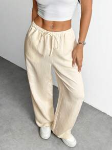 SHEIN PETITE Women's Beige Casual Basic Wide Leg Pants ,Petite Women - Beige - View 8
