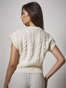 COSMINA Blusa casual de punto de manga corta con patrón de cable retorcido y escote de murciélago para mujer - Crema - Ver 2