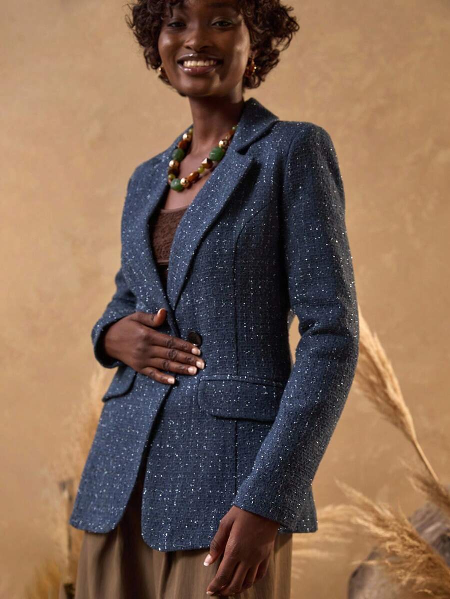 Bóhologie Kết cấu & Vải bóng, Nút lót phía trước, Áo khoác Blazer - Màu xanh lam - Xem 1