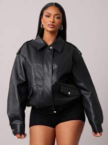 SHEIN SXY Women's Stylish Leather Jacket, New Vintage Black Bomber Jacket, Korean Chic Outerwear For Autumn/Winter Nightwing
