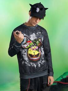 MADBALLS X SHEIN 男士休闲日常卡通图案圆领运动衫 - 深灰色 - 查看 1