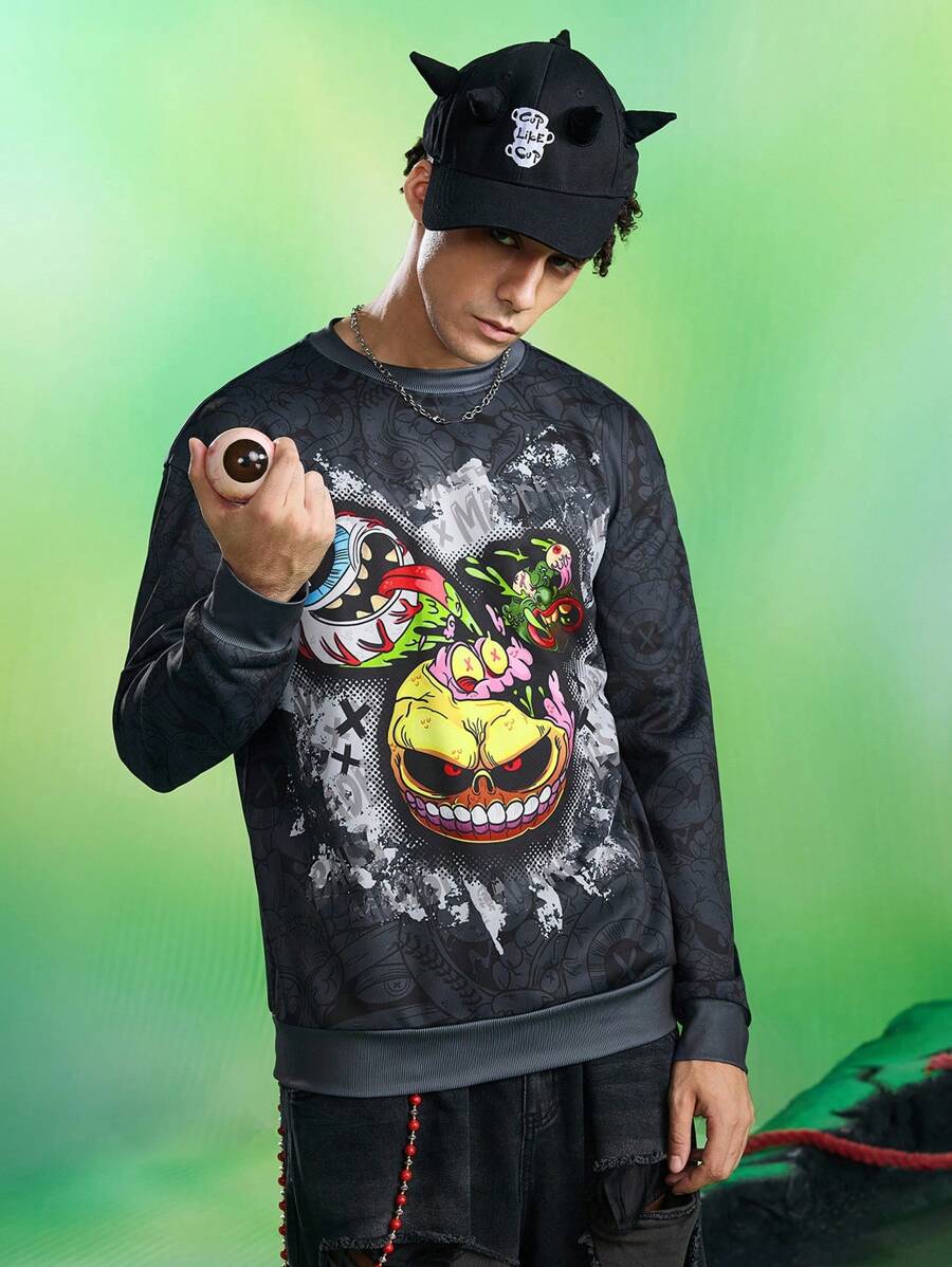 MADBALLS X SHEIN 男士休闲日常卡通图案圆领运动衫 - 深灰色 - 查看 1