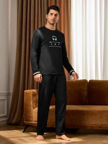 Manfinity Underwear&Sleepwear Basics 男士耳机印花长袖上衣和裤子睡衣套装，秋冬服装 - 黑色 - 查看 8