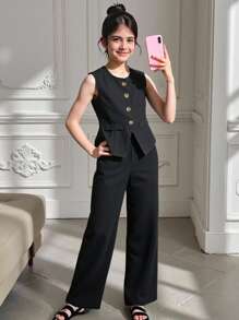 Tween Girls' Summer Plain Single Breasted Vest & Wide Leg Pants Casual 2-Piece Set Girls Pant Suit Tween Girl Pant Suit Girls Career Pant Suits Teenage Girl Pant Suit Girls Formal Pant Suit - Black - View 8