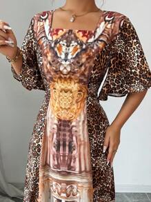 Elenzga Damen Retro Quadratischer Ausschnitt Braun Leopard & Palast Blumen Digital Muster Laternenbärmel Elegantes tailliertes loses A-Linien Lässig Langes Kleid, geeignet für Urlaub, Party, Sommer/Herbst