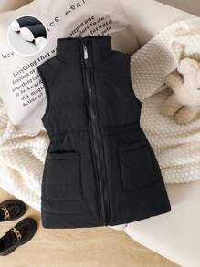 Elladie kids 女童休闲百搭黑色加厚棉背心，拉链口袋，腰部收紧，新款秋冬夹克 - 黑色 - 查看 9