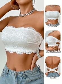 Crystal Vow 1pc Women Lace Wireless Bandeau Bra White Lace Bandeau Bra Strapless Bra Bridal Lingerie White Bandeau Bra Lace Bra - White - View 6