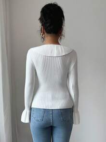 SHEIN LUNE 女士白色 V 领荷叶边针织毛衣，时尚长款喇叭袖套头衫秋冬 - 白色 - 查看 2