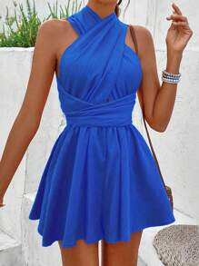 Breezaya 女式純色交叉露背頸帶連身褲 - 寶藍色 - 查看 7