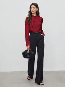 BizChic 女式秋季不对称褶饰宽松长袖上衣，基本款简约优雅商务休闲办公室装，适合教师、婚礼、音乐会 - 紅色 - 查看 10