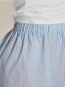 SHEIN ICON 大码蓝白休闲低腰侧系蝴蝶结条纹阔腿裤，适合日常穿着、毕业季、返校季、暑假、秋夏季