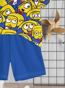 SHEIN Yellow Kids Casual Simple Round Neck Short Sleeve Shorts 2 Pieces Set, Suitable For Summer - Multicolor - View 5