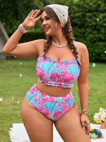 Swim Mod Conjunto de traje de baño de verano para mujer talla grande con top tipo bralette con estampado de concha colorido y con tirantes extraíbles, combinado con la Bottom triangular regular a juego