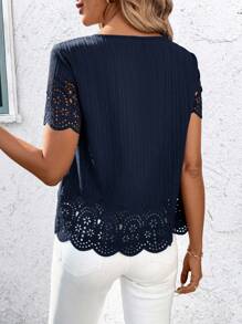 SHEIN Clasi Women's Casual Solid Color Short Sleeve Burnout Shirt, Spring/Summer - Navy Blue - View 2