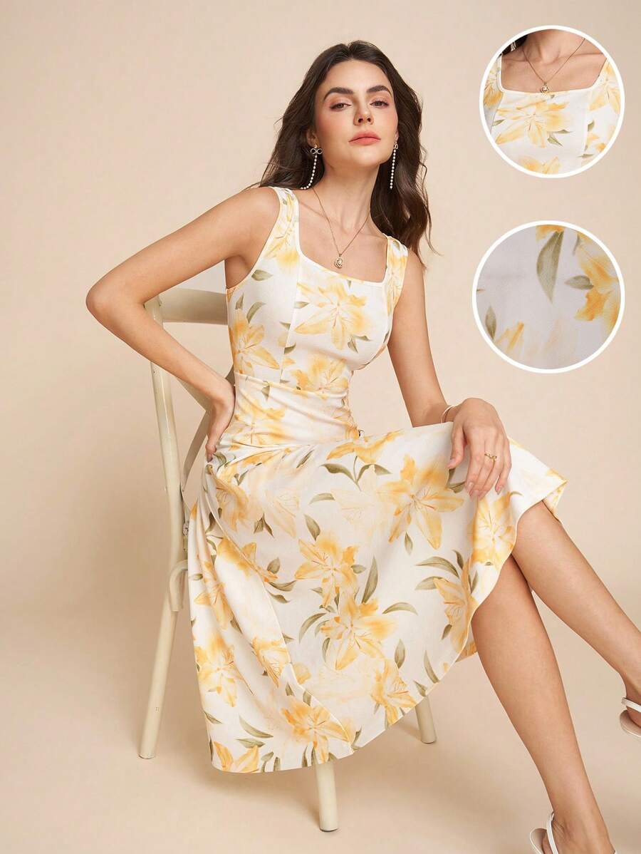 Amorya 女士花卉印花无袖方领 A 字连衣裙 - 彩色 - 查看 1