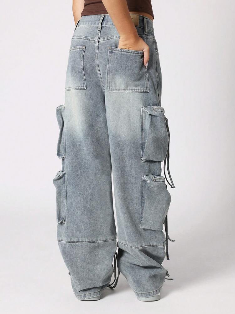 Wide Leg Cargo Jeans With Zipper Pockets