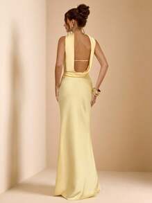 SHEIN BAE Elegant Pale Yellow Satin Halter Backless Maxi Dress For Women,Summer Dining Cocktail Party Wedding Guest Formal Occasion Bridesmaid Birthday Gown - Yellow - View 2