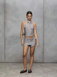 TypaGal Gray Pinstripe Skort With Belt,Summer 90s Night Party 2000s Style Streetwear Tailored Edge Hidden Shorts,Punk Essential Essential For Women - Light Grey - View 5