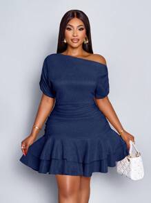 SOLERSUN 女士优雅派对日间杏色针织不对称领口长袖褶皱双褶迷你连衣裙 - 藏蓝色 - 查看 6