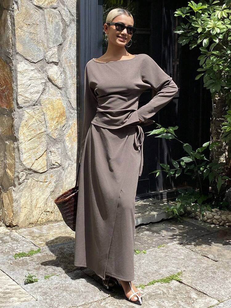 2pcs Women Casual Elegant Solid Color Loose Pleated Long Sleeve Top And Asymmetric Hem Skirt Set, Autumn/Winter Lounge Sets For Women