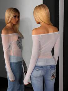 Jeanoix Women's Fashion Angel Print Fitted Cropped Sheer Mesh T-Shirt - White - View 2