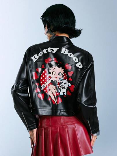 Betty Boop | ROMWE Chaqueta con cremallera y gráfico de letras casual para mujer