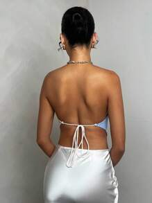 SHEIN PETITE 春夏海滩风格格子条纹露背系带蝴蝶结女士针织毛衣上衣 - 彩色 - 查看 2