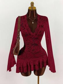 Amplova Deep V Neck Burgundy Mini Dress With All Over Lace And Long Flare Sleeves,Party Dress