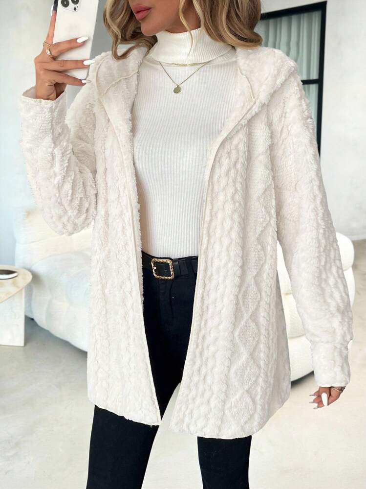 SHEIN Clasi Women's Casual Hooded Textured Fleece Jacket, Autumn/Winter,Fall - White - View 3