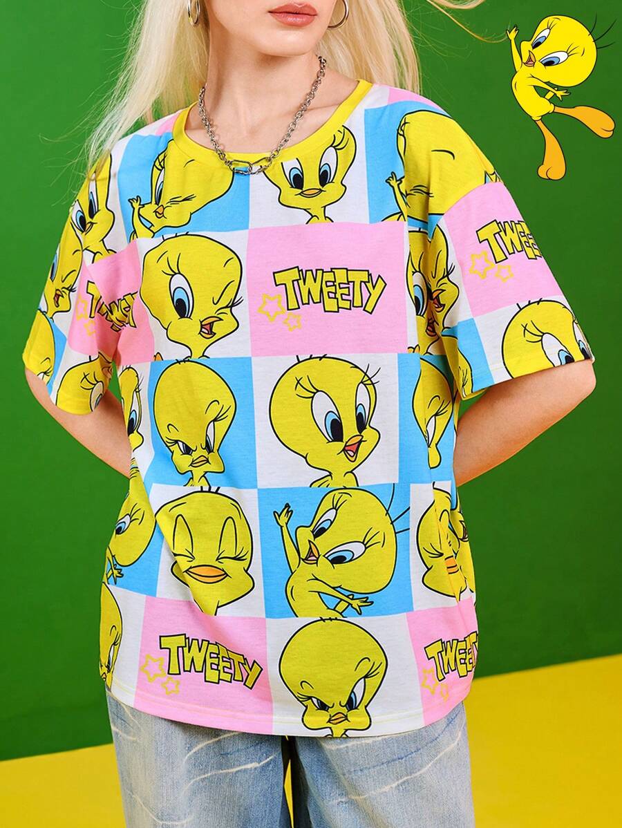 LOONEY TUNES X SHEIN 女式休闲街头风卡通字母图案宽松落肩T恤，夏季 - 黃色 - 查看 1