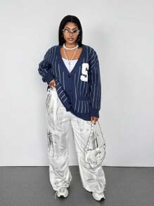 Maweii 大码休闲条纹刺绣开衫 - 藍色 - 查看 3