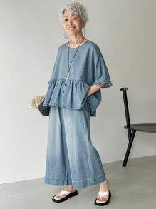 FRIFUL Women's Casual Washed Loose Top And Wide-Leg Jeans Set