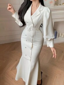 DAZY Elegant Solid Color Blazer Collar Puff Sleeve Belted Midi Dress For Women, Autumn,Fall Women Clothes Long Sleeve Dress