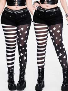Whyspr Quần legging lưới co giãn họa tiết sọc ngôi sao phong cách Punk tương phản thời trang - Đen và trắng - Xem 1