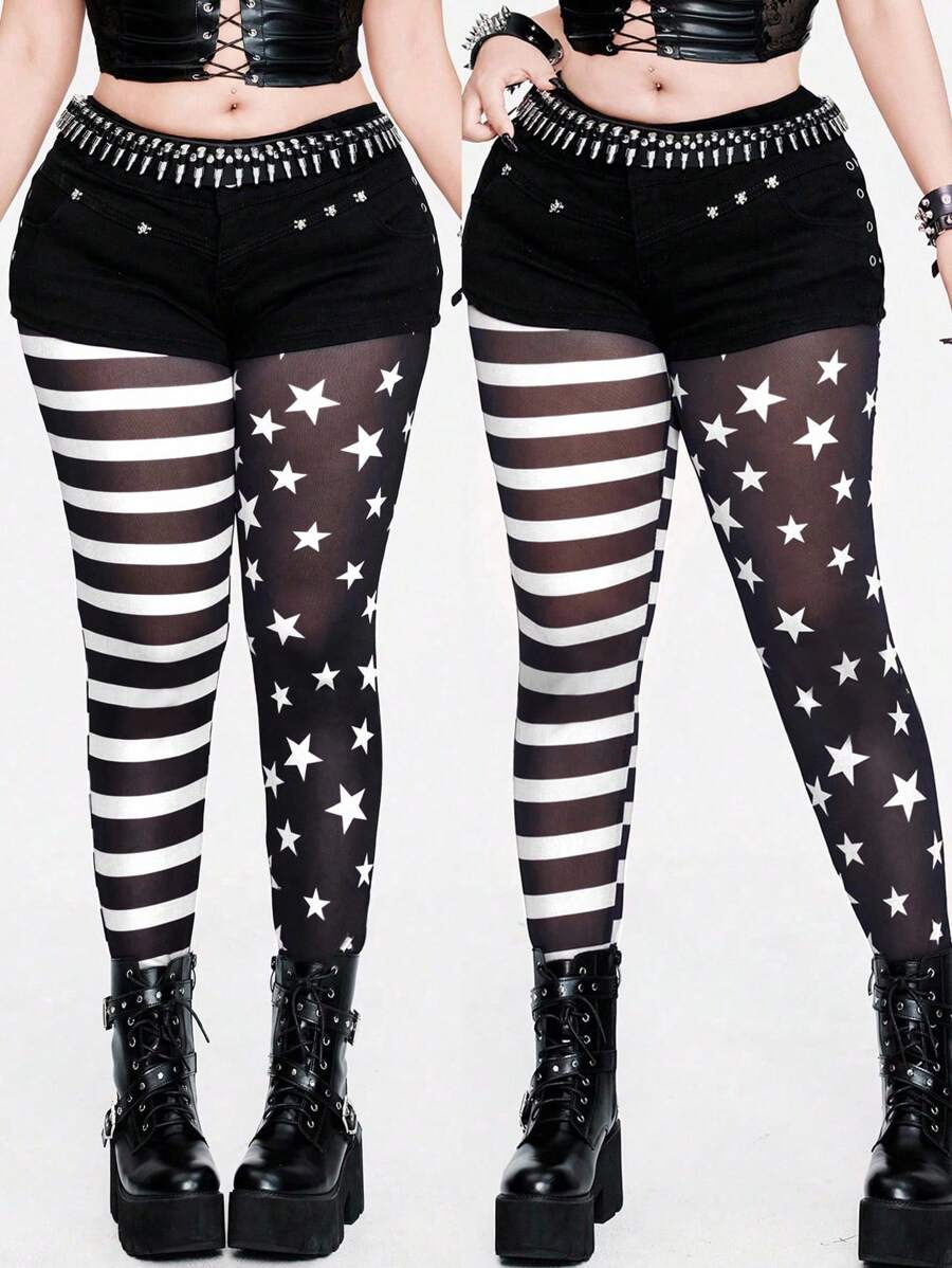 Whyspr Quần legging lưới co giãn họa tiết sọc ngôi sao phong cách Punk tương phản thời trang - Đen và trắng - Xem 1