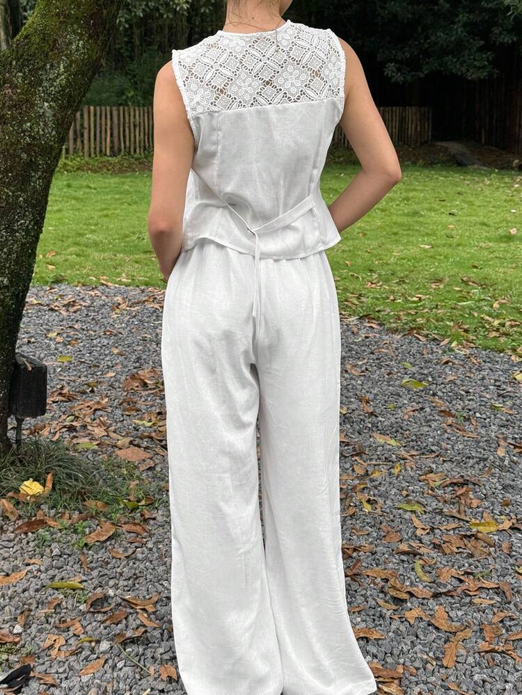 2pcs/Set Women Casual Lace Patchwork Round Neck Vest And Wide Leg Pants