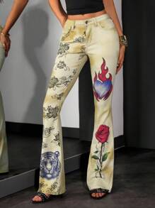 Jeanoix Jeans de campana con estampado de flores, llamas y corazones en degradado, moda versátil y personalizada para mujer