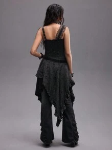 ROMWE EDITION 做旧 Y2K 复古哥特十字串珠拼接不对称下摆女式连衣裙（配腰带） - 黑色 - 查看 6