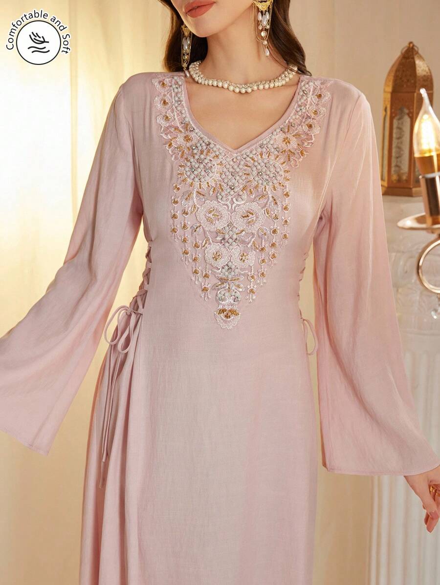 Al Najma Women's V-Neck Long Sleeve Elegant Arabian Dress With Faux Pearl Decor,Modest - Baby Pink - View 1