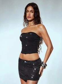 Denimoi All Over Rhinestone Low Rise Mini Skirt, Sexy Mini Skirt, Fashionable, Clubbing Outfits, GNO, Girls Night Out Outfits, Concert Outfits, Rhinestone Skirt - Black - View 1